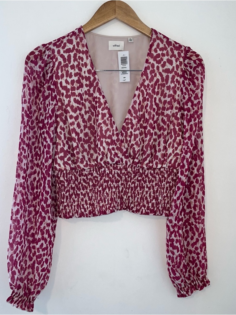 Wilfred Pink Leopard-Print V-Neck Smocked-Waist Wistful Blouse